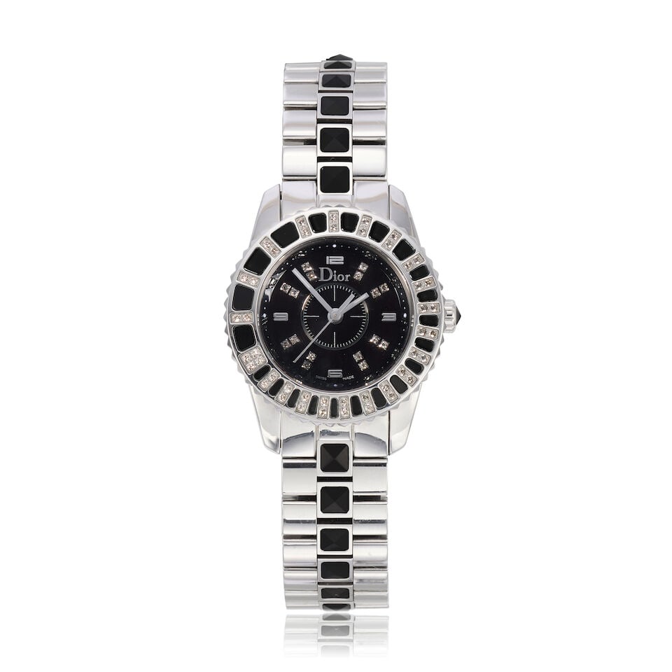 Dior. A lady's stainless steel, diamond set and black crystal bracelet watch Christal, Ref: CD1...: Dior. A lady's stainless steel, diamond set and black crystal bracelet watch Model: Christal Reference: CD112116 Date: Circa 2005 Movement: 7-jewel ETA Cal.956.102 quartz Dial: Black, black crystal