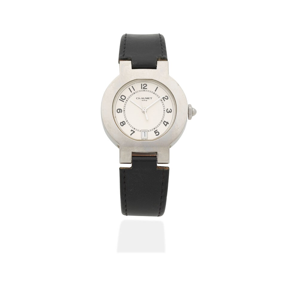Chaumet. A stainless steel quartz calendar wristwatch Sport, Circa 1990: Chaumet. A stainless steel quartz calendar wristwatch Model: Sport Date: Circa 1990 Movement: 6-jewel quartz Dial: Silvered Case: Polished round, No.22R1420 Strap/Bracelet: Associated black