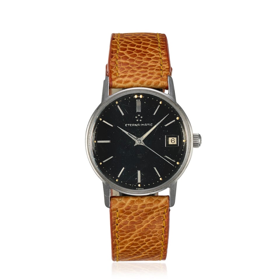 Eterna-Matic. A stainless steel automatic calendar wristwatch Circa 1958: Eterna-Matic. A stainless steel automatic calendar wristwatch Date: Circa 1958 Movement: Jewelled Cal.1424 UD automatic, No.4657009 Dial: Black Case: Polished round, personal engraving to back,