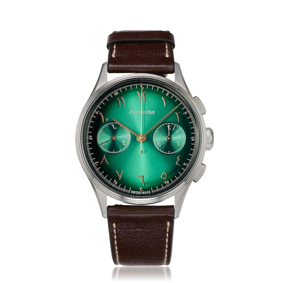 Excelsior Park for Perpétuel. A Limited Edition stainless steel manual wind chronograph wri...: Excelsior Park for Perpétuel. A Limited Edition stainless steel manual wind chronograph wristwatch Model: 52nd UAE National Day, No.7 of 71 Date: Circa 2023 Movement: 23-jewel Sellita Cal.SW510