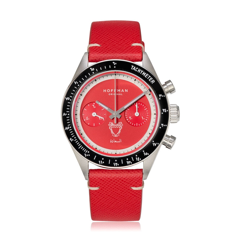 Hoffman for Perpétuel. A Limited Edition stainless steel manual wind chronograph wristwatch...: Hoffman for Perpétuel. A Limited Edition stainless steel manual wind chronograph wristwatch Model: Mechanical Racing 40 - Khaleejuna Wahed Collection, Bharain Edition, One of 50 Date: Circa 2021