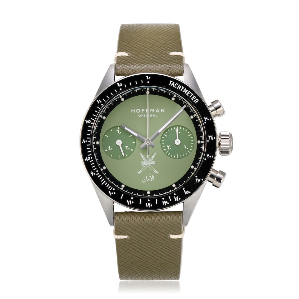 Hoffman for Perpétuel. A Limited Edition stainless steel manual wind chronograph wristwatch...: Hoffman for Perpétuel. A Limited Edition stainless steel manual wind chronograph wristwatch Model: Mechanical Racing 40 - Khaleejuna Wahed Collection, Oman Edition, One of 50 Date: Circa 2021 Mov