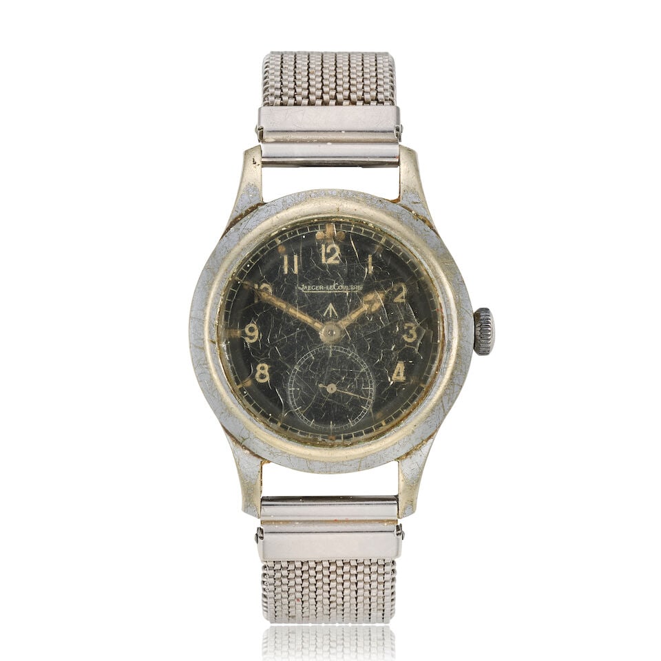 Jaeger-LeCoultre. A chrome plated stainless steel manual wind military issue wristwatch Circa 1944: Jaeger-LeCoultre. A chrome plated stainless steel manual wind military issue wristwatch Date: Circa 1944 Movement: Jewelled Cal.479 manual wind, No.318564 Dial: Black, broad arrow Case: Brushed and po