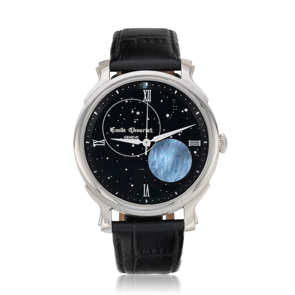 Emile Chouriet. A stainless steel automatic wristwatch with mother of pearl moon phase Voie Lac... (1 of 1)