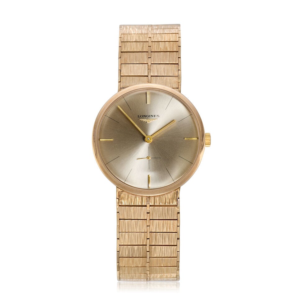 Longines. A 9K gold manual wind bracelet watch London Hallmark for 1965: Longines. A 9K gold manual wind bracelet watch Date: London Hallmark for 1965 Movement: 17-jewel Cal.19.4 manual wind, No.12689164 Dial: Sunburst silvered Case: Polished round,