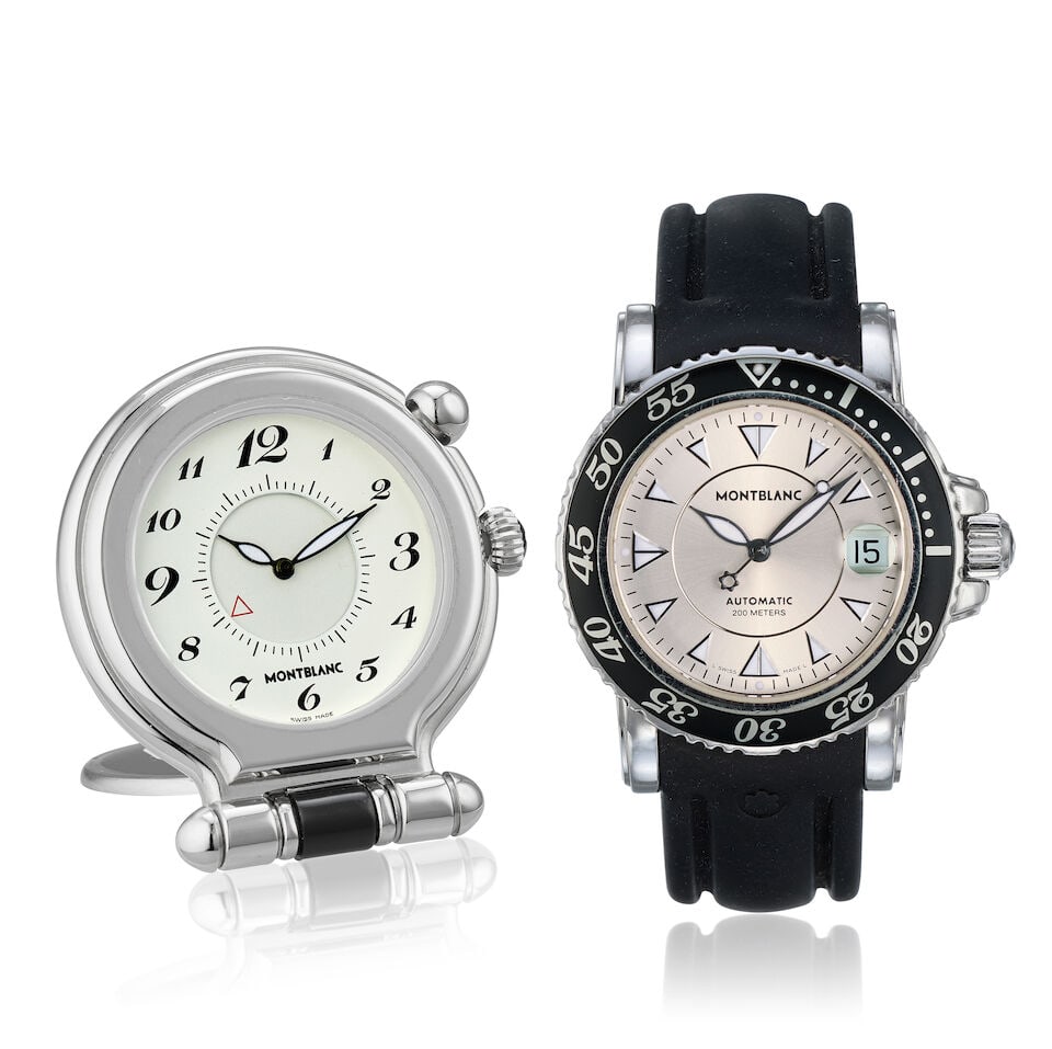 Montblanc. A stainless steel automatic calendar wristwatch and a stainless steel travel alarm cl...: Montblanc. A stainless steel automatic calendar wristwatch and a stainless steel travel alarm clock (2) Model: Meisterstuck Reference: 7035 Date: Circa 2010 Movement: 21-jewel Cal.4810.401