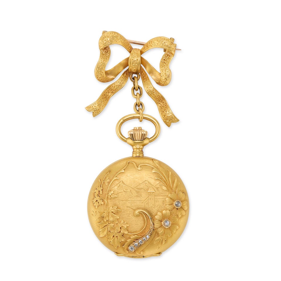 Longines. An 18K gold keyless wind full hunter pocket watch with continental gold brooch - 2