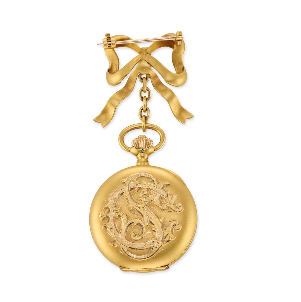 Longines. An 18K gold keyless wind full hunter pocket watch with continental gold brooch - 3