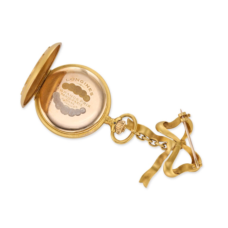 Longines. An 18K gold keyless wind full hunter pocket watch with continental gold brooch - 5