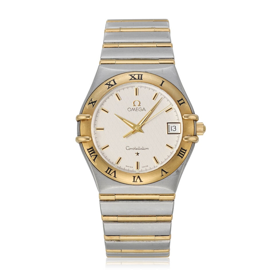 Omega. A stainless steel and gold quartz calendar bracelet watch Ref: 396.1201, Purchased 2nd Ap...: Omega. A stainless steel and gold quartz calendar bracelet watch Reference: 396.1201 Date: Purchased 2nd April 2008 Movement: 6-jewel Cal.1532 quartz Dial: Textured cream Case: Brushed tonneau form,