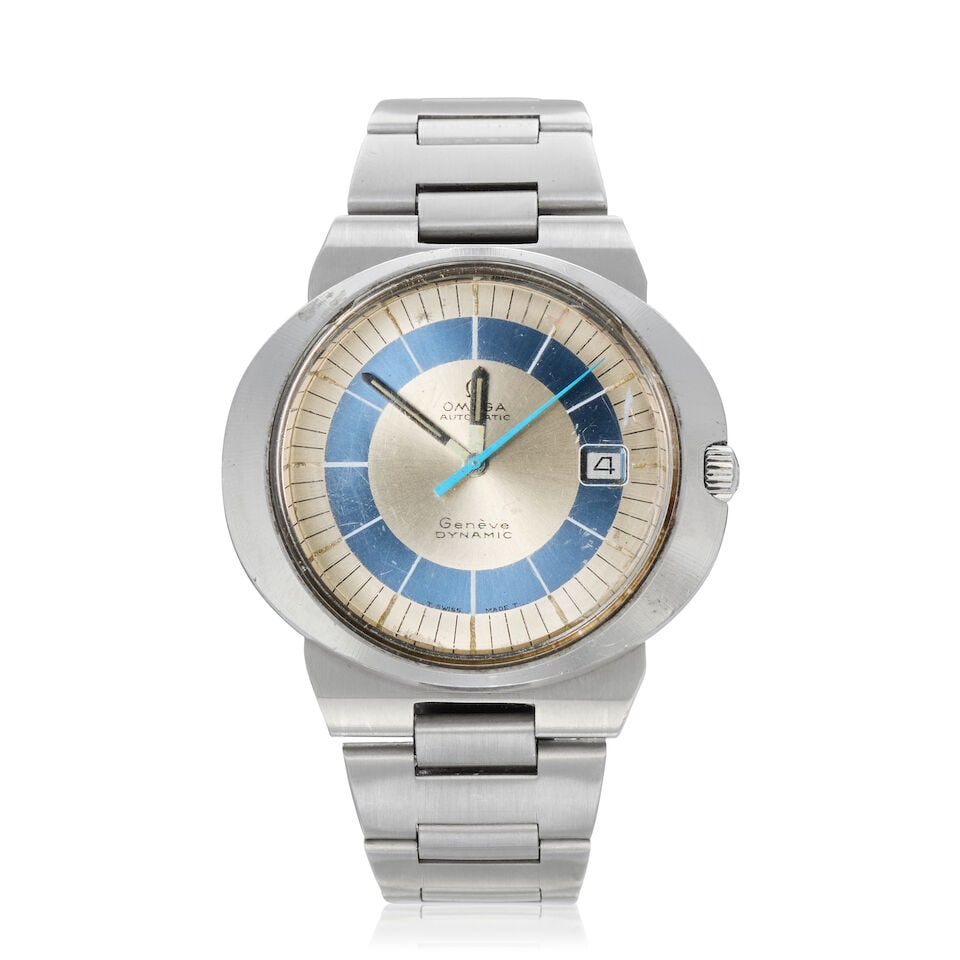 Omega. A stainless steel automatic calendar bracelet watch Dynamic , Circa 1970: Omega. A stainless steel automatic calendar bracelet watch Model: Dynamic Date: Circa 1970 Movement: Jewelled automatic Dial: Sunburst silvered Case: Brushed and polished oval form Strap/Bracelet: