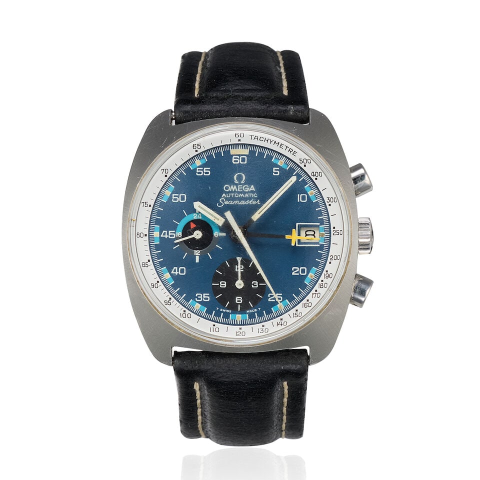 Omega. A stainless steel automatic chronograph calendar wristwatch Seamaster Chronograph, Ref: ...: Omega. A stainless steel automatic chronograph calendar wristwatch Model: Seamaster Chronograph Reference: 176.007 Date: Circa 1972 Movement: 22-jewel Cal.1040 automatic Dial: Marine Case: Brushed
