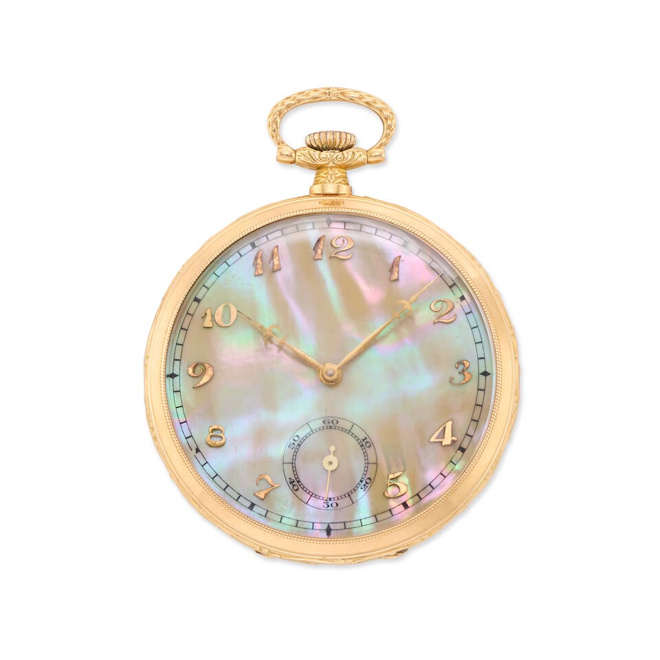 An 18K gold keyless wind open face pocket watch with Mother of Pearl dial London Import mark for... (1 of 3)