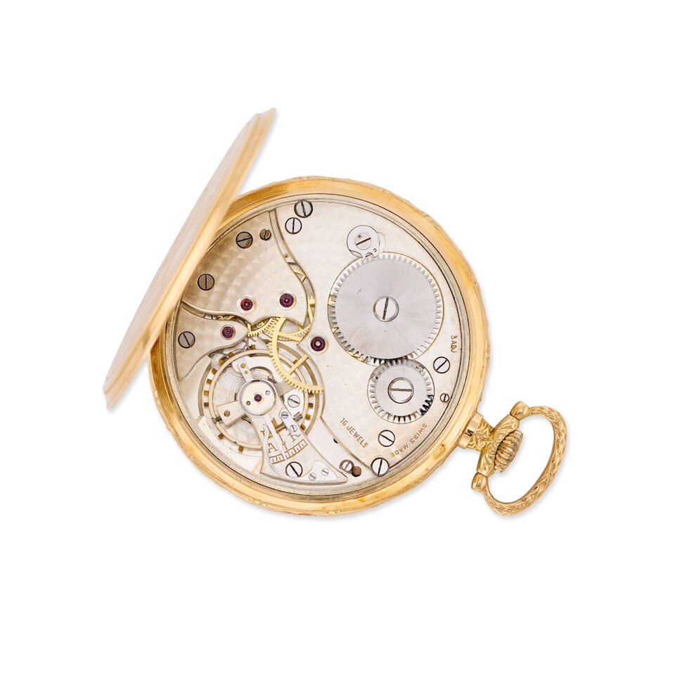 An 18K gold keyless wind open face pocket watch with Mother of Pearl dial London Import mark for... - 2