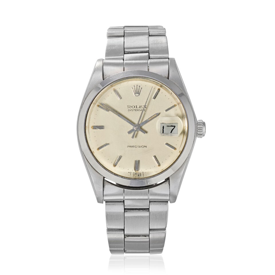 Rolex. A stainless steel manual wind calendar bracelet watch Oysterdate Precision, Ref: 6694, C...: Rolex. A stainless steel manual wind calendar bracelet watch Model: Oysterdate Precision Reference: 6694 Date: Circa 1971 Movement: 17-jewel Cal.1225 manual wind Dial: Silvered Case: Brushed and