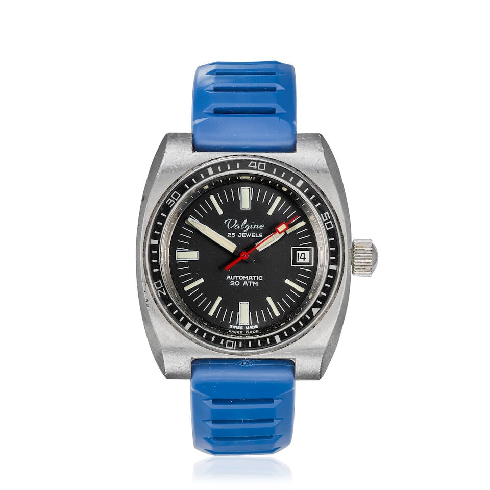 Valgine. A stainless steel automatic calendar wristwatch Circa 1970: Valgine. A stainless steel automatic calendar wristwatch Date: Circa 1970 Movement: 25-jewel ETA Cal.2783 automatic Dial: Black Case: Brushed and polished cushion form, No.477 Strap/Bracelet: Associat