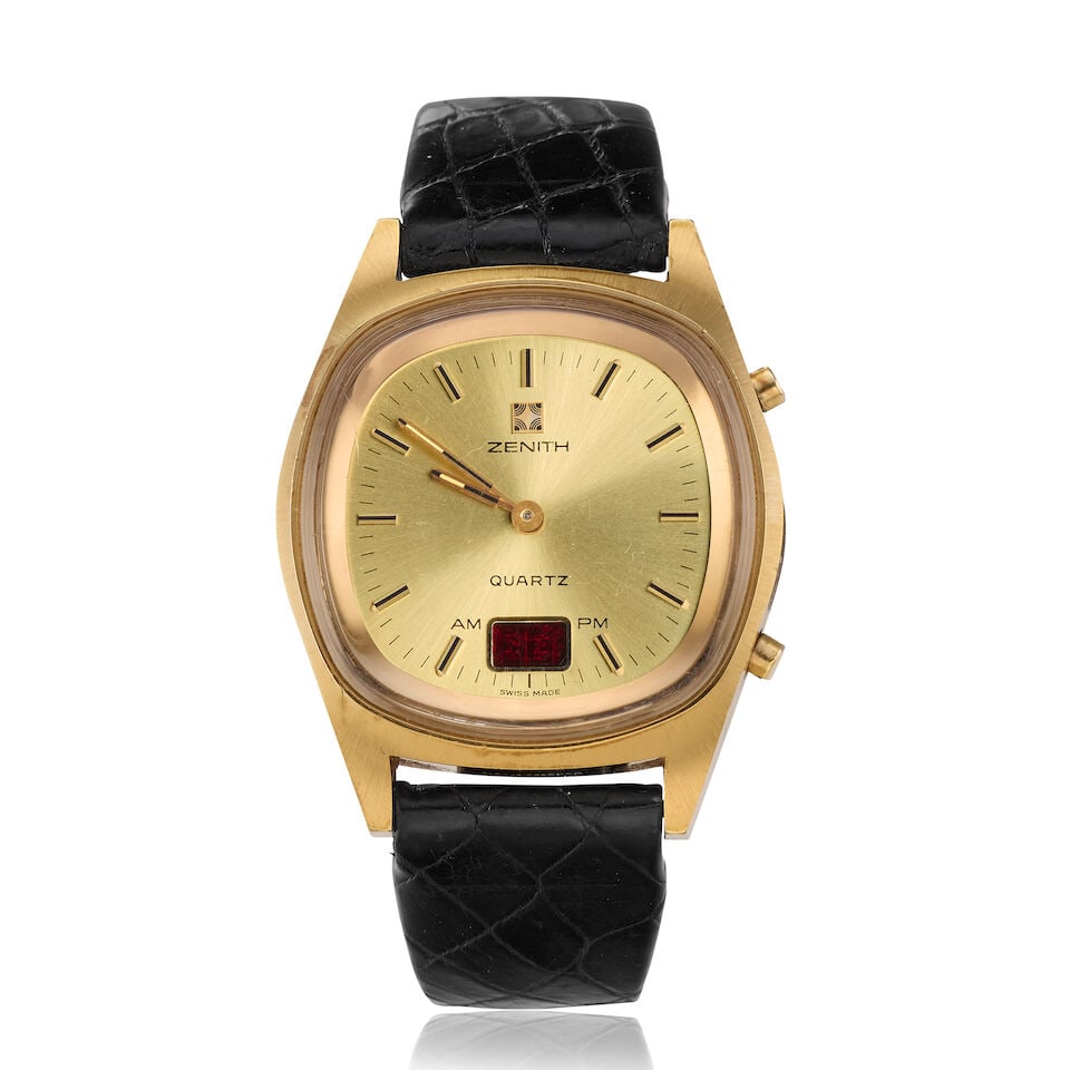 Zenith. A gold plated quartz chronograph wristwatch with digital display Defy Time Command , Ci...: Zenith. A gold plated quartz chronograph wristwatch with digital display Model: Defy Time Command Date: Circa 1975 Movement: 2-jewel Cal.504 GE 47.0 quartz Dial: Sunburst champagne Case: Brushed and p