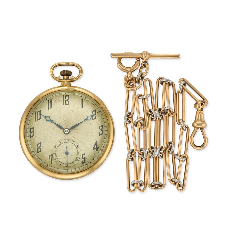 An 18K gold keyless wind open face pocket watch with an 18K gold chain Glasgow Import mark for 1926 (1 of 2)