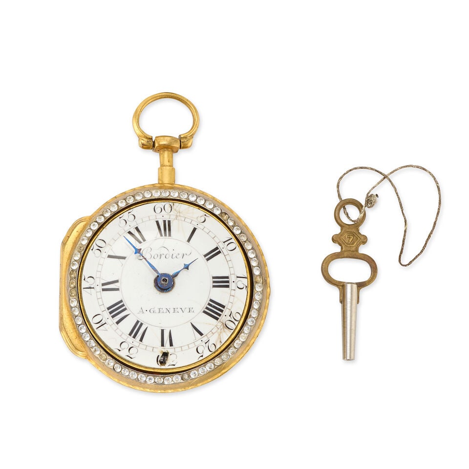 Jaq Coulin & Amy Bry. A continental gold key wind pair case pocket watch Circa 1790: Jaq Coulin & Amy Bry. A continental gold key wind pair case pocket watch Date: Circa 1790 Movement: Gilt full plate, fusee verge Dial: White Case: Engraved outer with stone set bezel, enamel