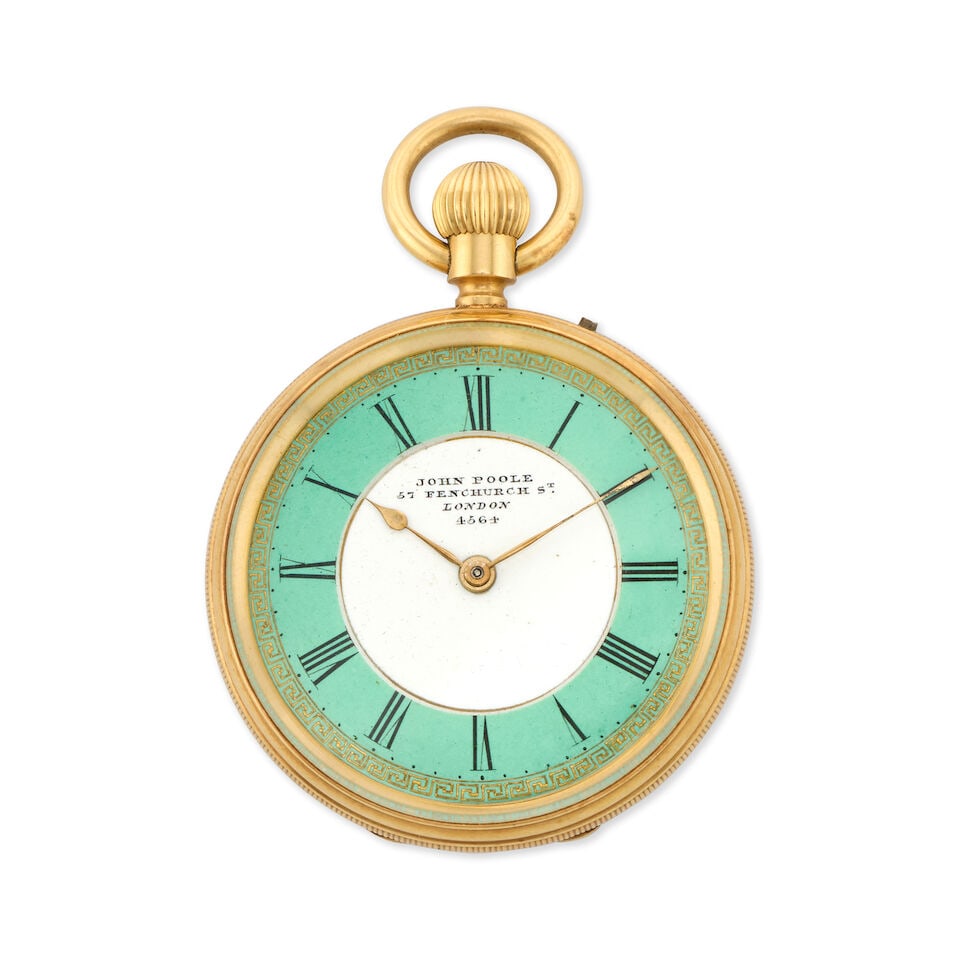 John Poole, 57 Fenchurch Street, London. An 18K gold keyless wind open face pocket watch London ...: John Poole, 57 Fenchurch Street, London. An 18K gold keyless wind open face pocket watch Date: London Hallmark for 1934 Movement: Gilt full plate, No.4564 Dial: Turquoise with white centre Case:
