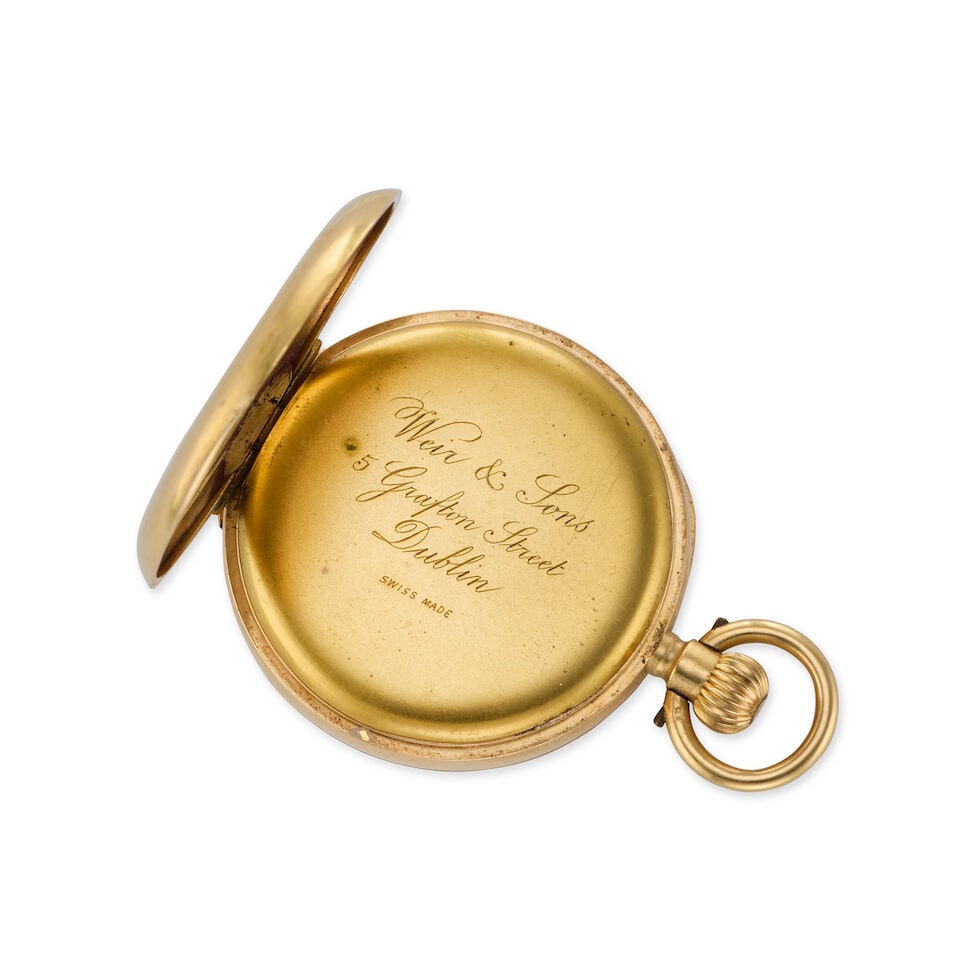 Weir & Sons, 5 Grafton Street, Dublin. An 18K gold keyless wind open face pocket watch Circa 190 - 3