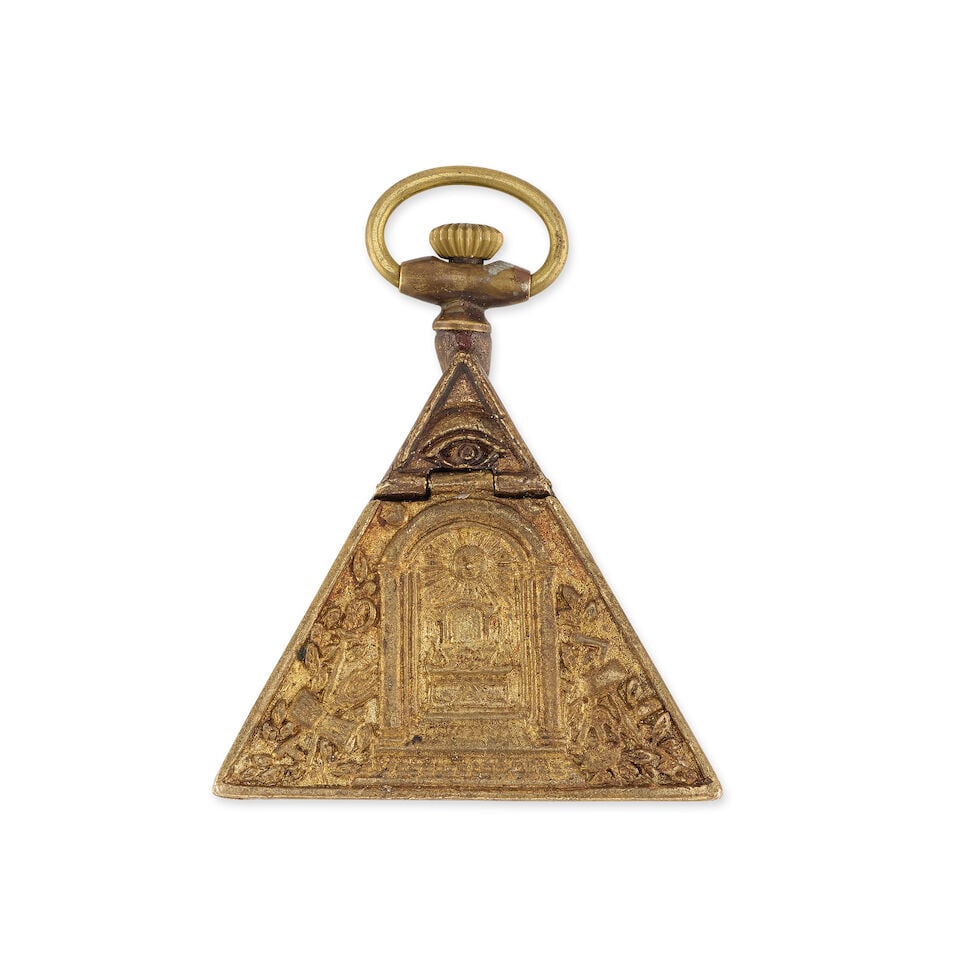 Hiram. A gilt metal keyless wind Masonic style triangular pocket watch Circa 1990 - 2