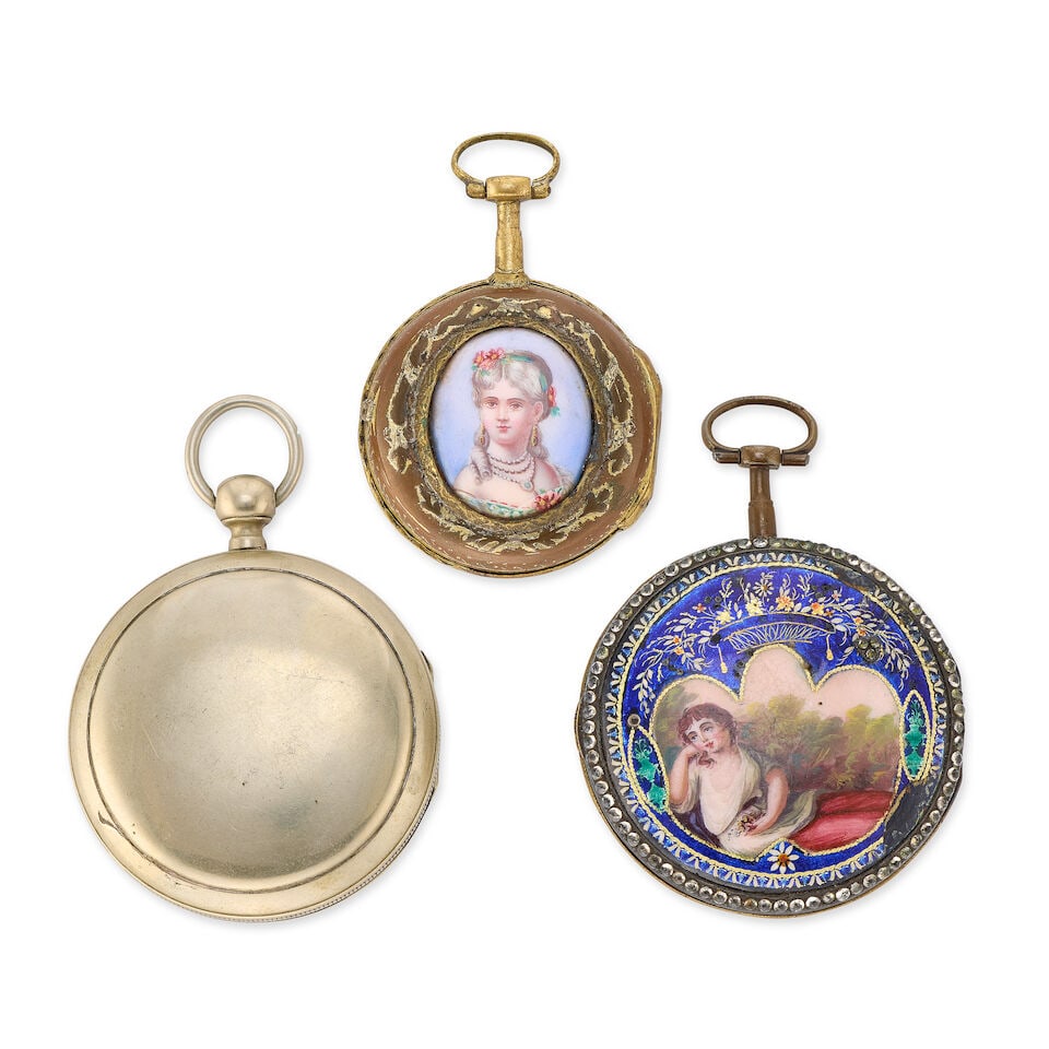 A lot of three gilt pocket watches with enamel portraits (3) Various dates - 3