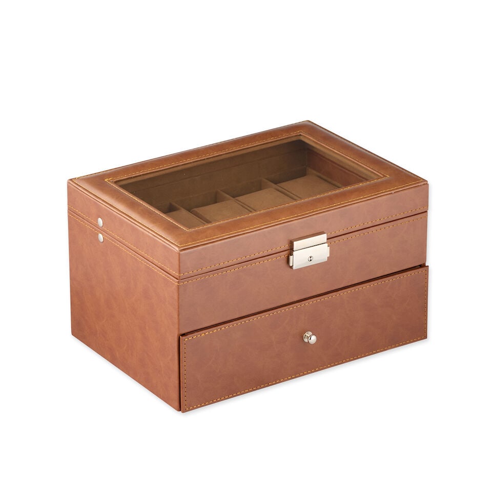 A brown leather watch box with 20 slots Recent - 2