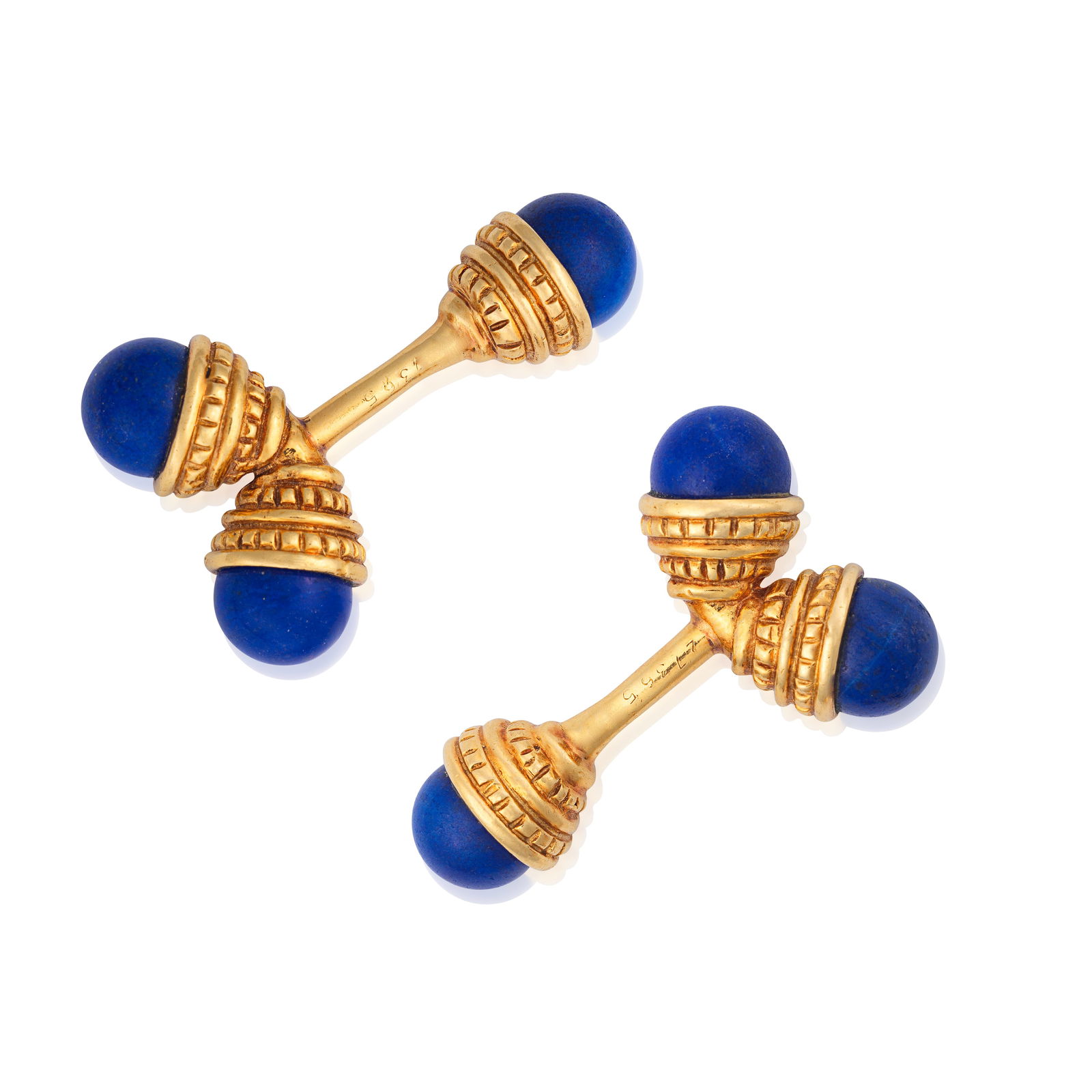 CARTIER: LAPIS LAZULI CUFFLINKS: CARTIER: LAPIS LAZULI CUFFLINKSEach finial set with a lapis lazuli cabochon within a textured surmount, signed Cartier, numbered 27365, length 0.9 - 2.1cm, maker's case