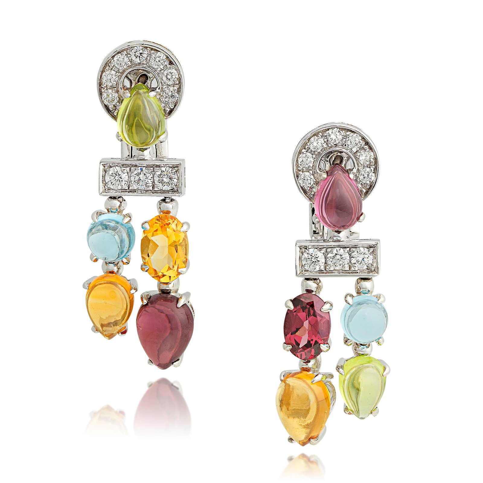 BULGARI: GEM-SET AND DIAMOND 'ALLEGRA' EARRINGS: BULGARI: GEM-SET AND DIAMOND 'ALLEGRA' EARRINGSComprising brilliant-cut diamonds and vari-cut gemstones including tourmaline, blue topaz, citrine and peridot, mounted in 18 carat white gold, signed