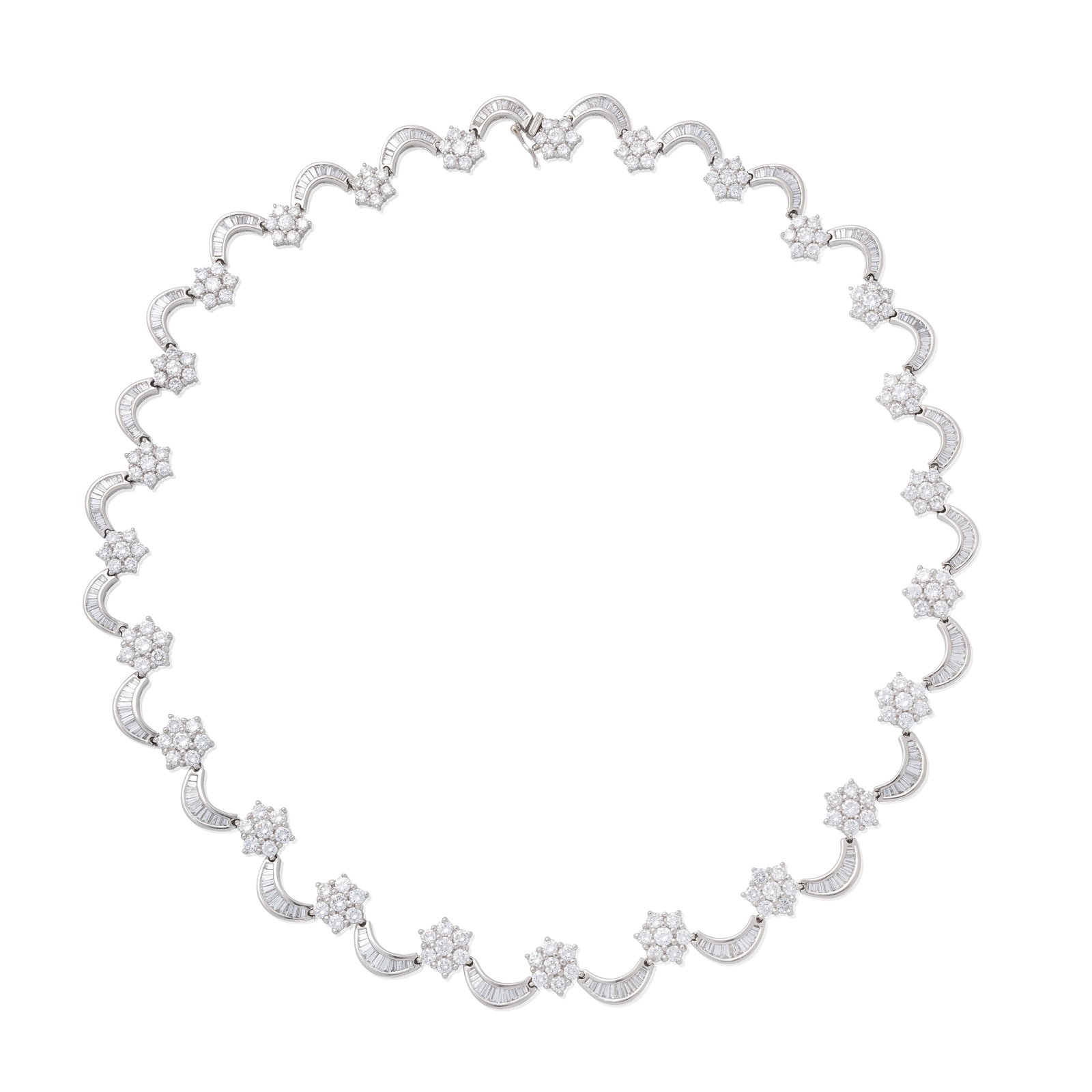 BENTLEY & SKINNER: DIAMOND NECKLACE: BENTLEY & SKINNER: DIAMOND NECKLACEOf undulating design, each swag of tapered baguette-cut diamonds between clusters of brilliant-cut diamonds, mounted in platinum, maker's mark B&S, London hallmark,
