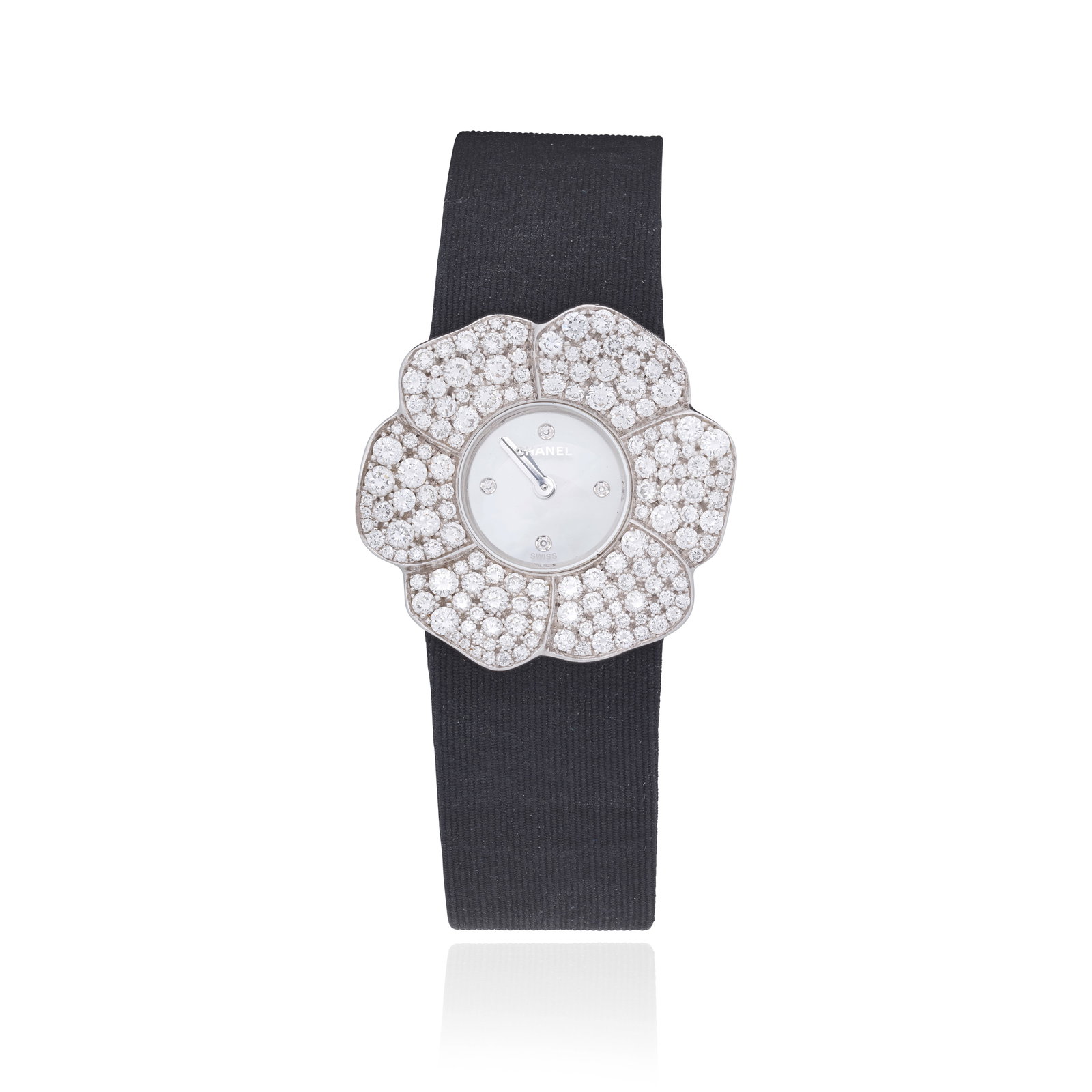 CHANEL: DIAMOND-SET 'CAMÉLIA' WATCH: CHANEL: DIAMOND-SET 'CAMÉLIA' WATCH Designed as a camellia flower, the petals pavé-set with brilliant-cut diamonds, surrounding a mother-of-pearl dial accented by single-cut diamond hour mar
