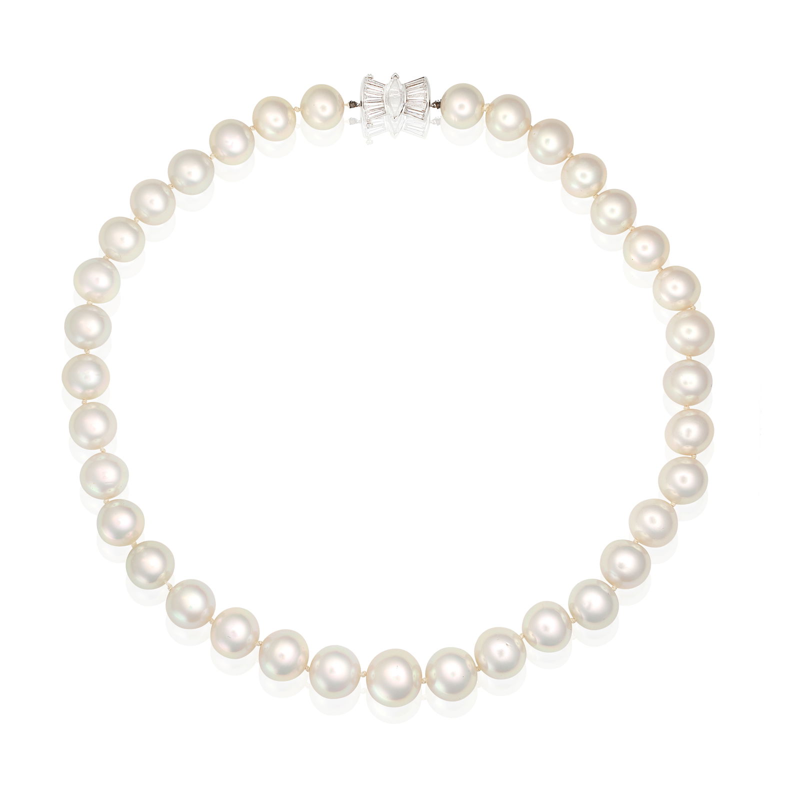 CULTURED PEARL AND DIAMOND NECKLACE: CULTURED PEARL AND DIAMOND NECKLACEThe single row of 12.0 - 14.5mm cultured pearls, on a marquise shaped rose-cut diamond and tapered baguette-cut diamond clasp, clasp signed VCA, numbered NY28976,