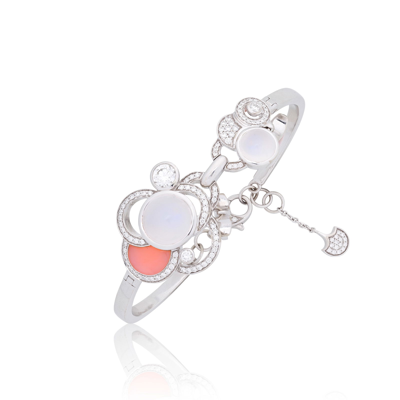 BOODLES: DIAMOND AND GEM-SET 'RAINDROP' BANGLE,: BOODLES: DIAMOND AND GEM-SET 'RAINDROP' BANGLE,Of openwork design, set with brilliant-cut diamonds, moonstone and pink opal cabochons, signed Boodles, numbered 1103170018, diamond 1.91cts total, 