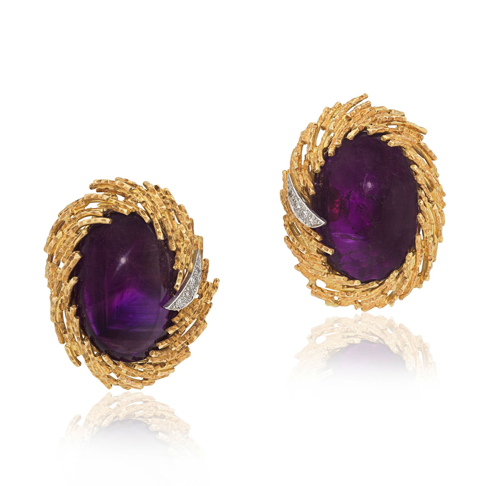 ANDREW GRIMA: AMETHYST AND DIAMOND EARCLIPS, 1965: ANDREW GRIMA: AMETHYST AND DIAMOND EARCLIPS, 1965Each set with an amethyst cabochon, accented by single-cut diamonds, to a textured 18 carat gold surround, signed Grima, maker's mark HJCo., London