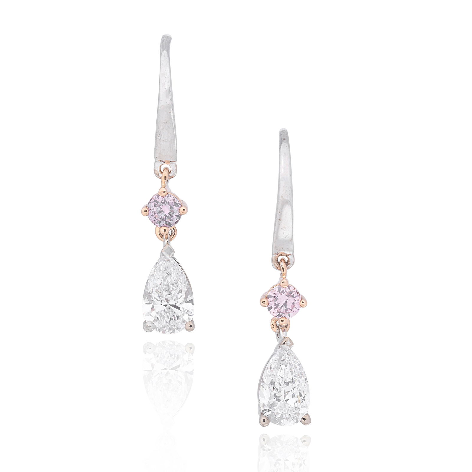 DIAMOND AND PINK DIAMOND PENDENT EARRINGS: DIAMOND AND PINK DIAMOND PENDENT EARRINGSEach pear-shaped diamond, weighing 0.50 carat and 0.53 carat, suspended from a pink diamond surmount, length 2.2cm, cased by Hancocks & Co., 52-53 Burlington