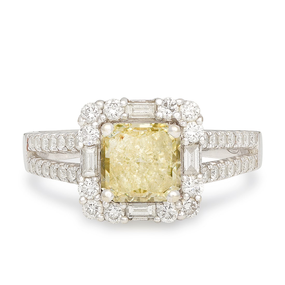COLOURED DIAMOND AND DIAMOND RING: COLOURED DIAMOND AND DIAMOND RINGThe octagonal-cut diamond of yellow tint within a surround of baguette and brilliant-cut diamonds, diamond of yellow tint untested for natural colour and origin,