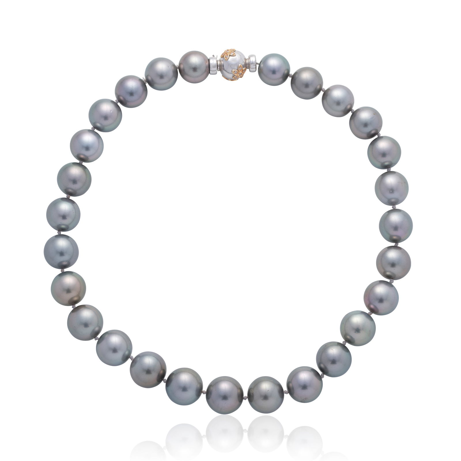CULTURED PEARL NECKLACE: CULTURED PEARL NECKLACE15.0 - 16.8mm cultured pearls of grey tint to a clasp set with brilliant-cut diamond flower motifs, length 48.3cm
