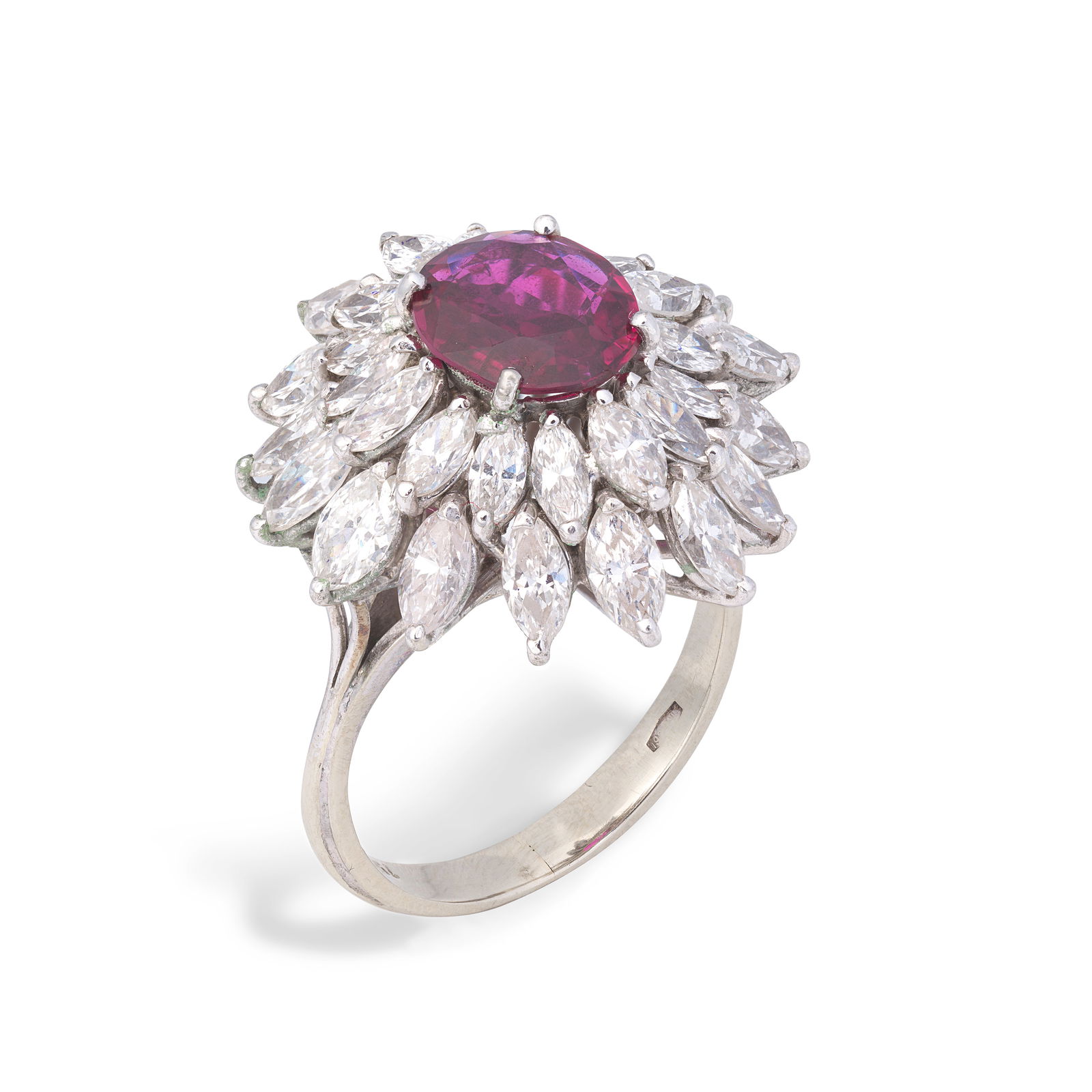 RUBY AND DIAMOND CLUSTER RING: RUBY AND DIAMOND CLUSTER RINGThe oval-cut ruby within a marquise-cut diamond surround, diamonds approx. 3.00cts total, ring size approx. M