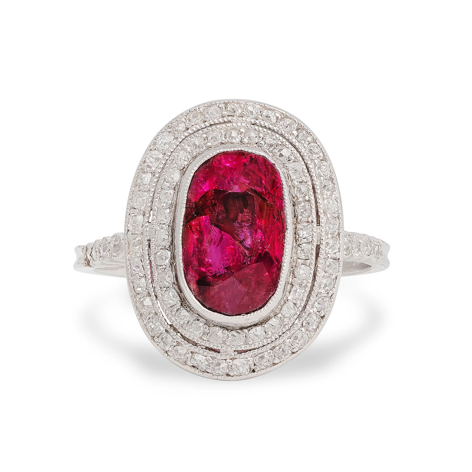 RUBY AND DIAMOND RING: RUBY AND DIAMOND RINGThe cushion-shaped ruby weighing 3.56 carats, within an old single-cut diamond surround, ring size approx. O½Footnotes:GCS: Myanmar (Burma - Mogok) origin, no indications of