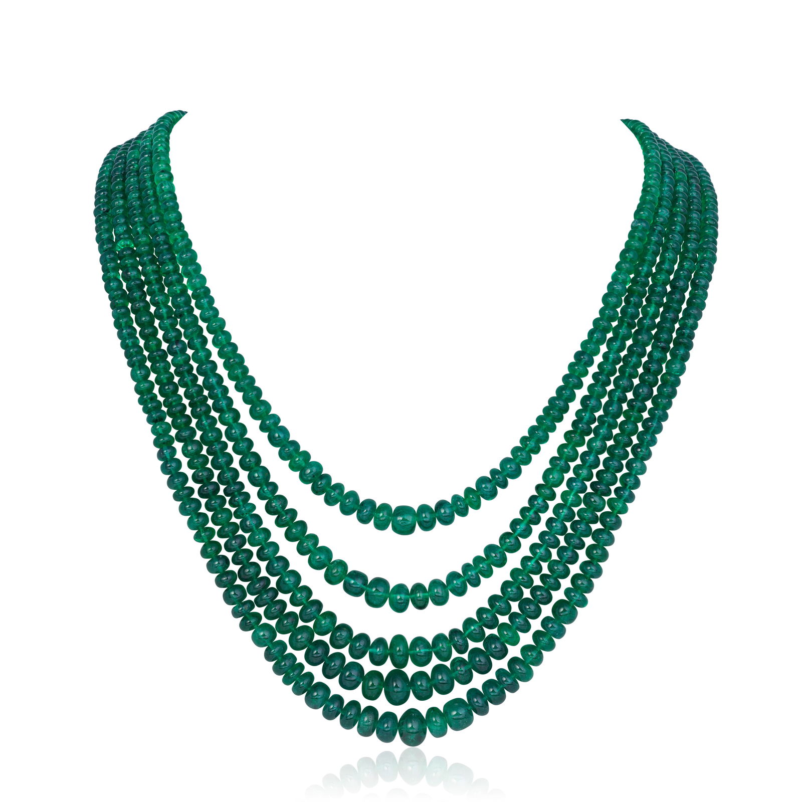 EMERALD BEAD NECKLACE: EMERALD BEAD NECKLACEThe five strands of 3.0mm - 9.0mm emerald beads graduating in size towards the centre, on a brilliant-cut diamond-set clasp, length 50.0cmFootnotes:Property of a LadyGCS: