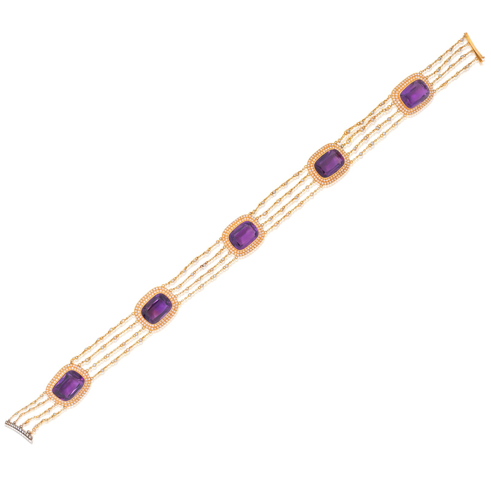 AMETHYST AND SEED PEARL NECKLACE, CIRCA 1900: AMETHYST AND SEED PEARL NECKLACE, CIRCA 1900Comprising five cushion-shaped amethysts set to double borders of seed pearls, adjoined by rows of chain interspersed with further seed pearls, length