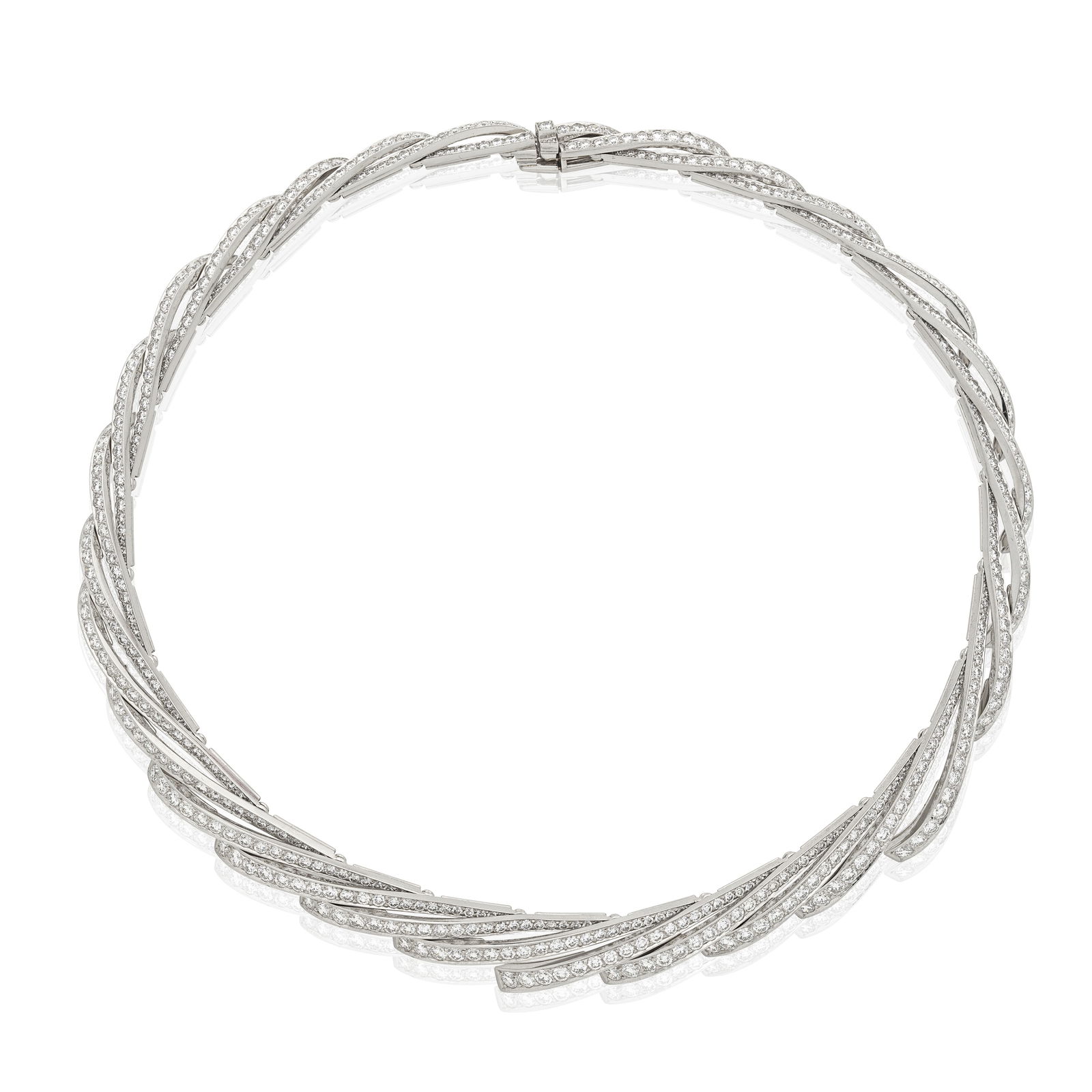 RETAILED BY BOODLES: DIAMOND 'SWIRLWIND' NECKLACE,: RETAILED BY BOODLES: DIAMOND 'SWIRLWIND' NECKLACE, 2013The collar of articulated design, comprising tapered interlinking bars, set with brilliant-cut diamonds, diamonds 22.87cts total, length