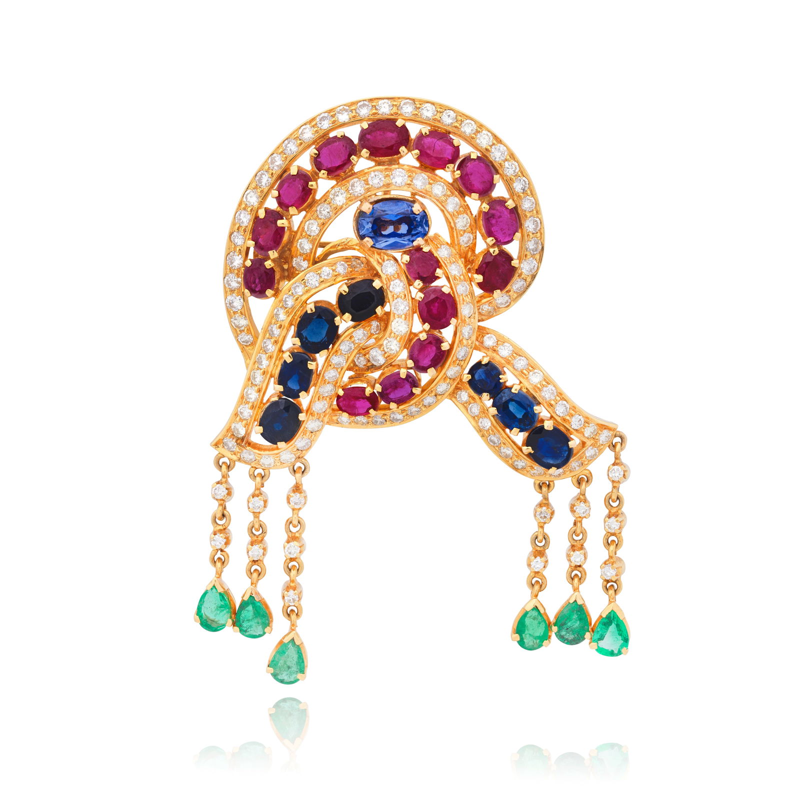 GEM-SET AND DIAMOND BROOCH/PENDANT: GEM-SET AND DIAMOND BROOCH/PENDANTOf scrolled design, set throughout with oval-cut sapphires and rubies, accented by brilliant-cut diamonds, issuing a series of articulated brilliant-cut diamond and