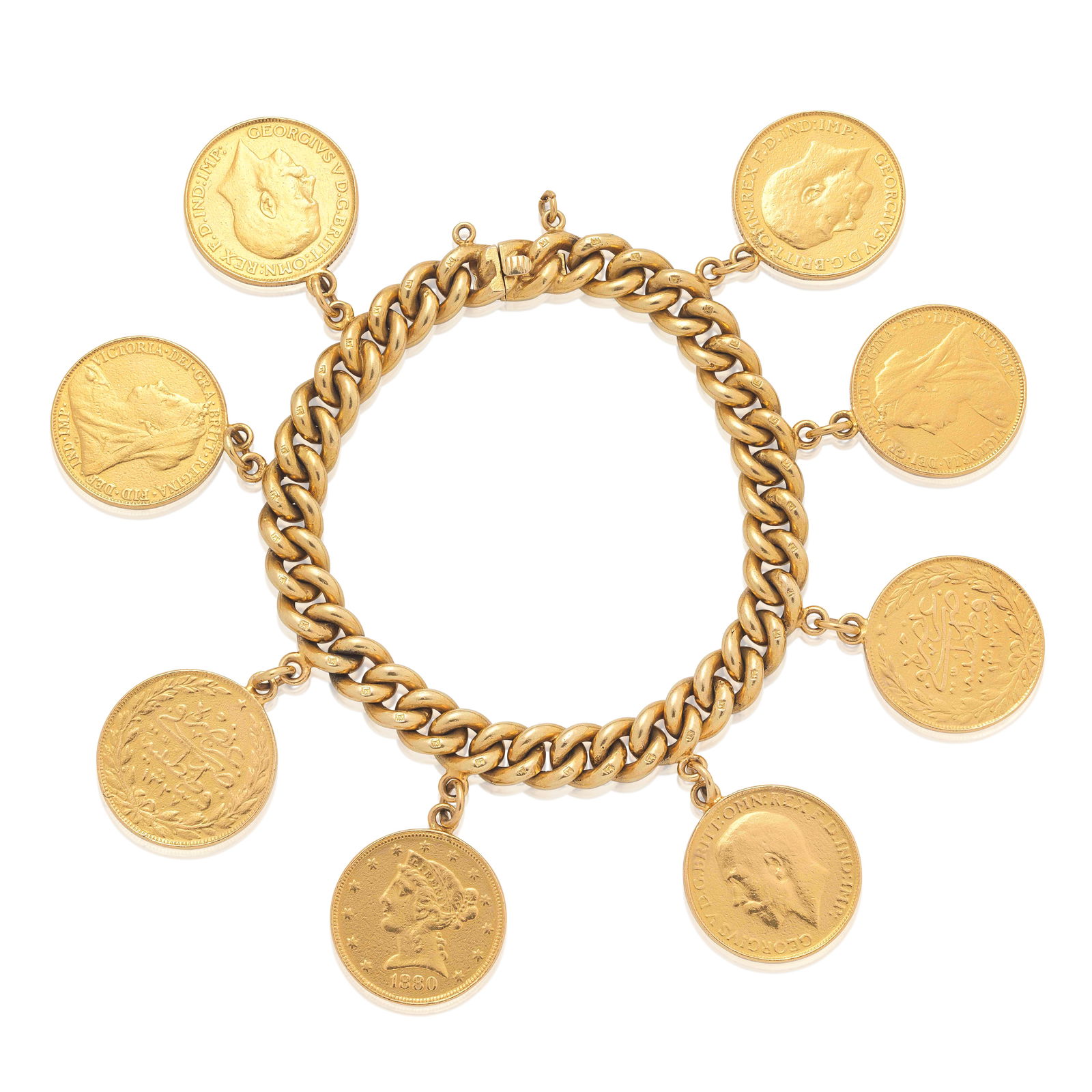 COIN BRACELET: COIN BRACELETOf curb linking, suspending eight full sovereigns, length 19.0cm