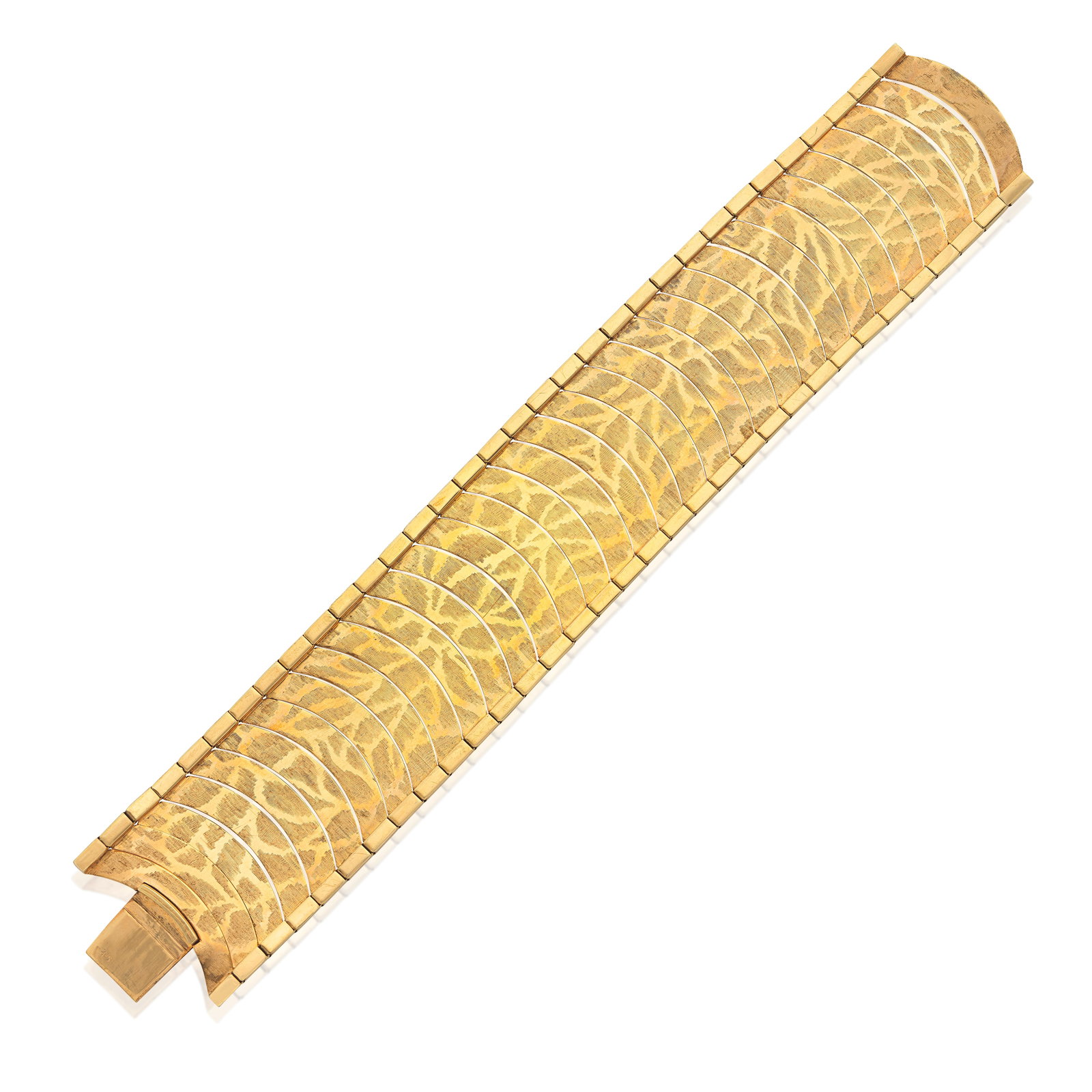 GOLD BRACELET, CIRCA 1960: GOLD BRACELET, CIRCA 1960Composed of a series of highly articulated 9 carat gold textured links, to a polished border, UK import mark, length 18.0cm