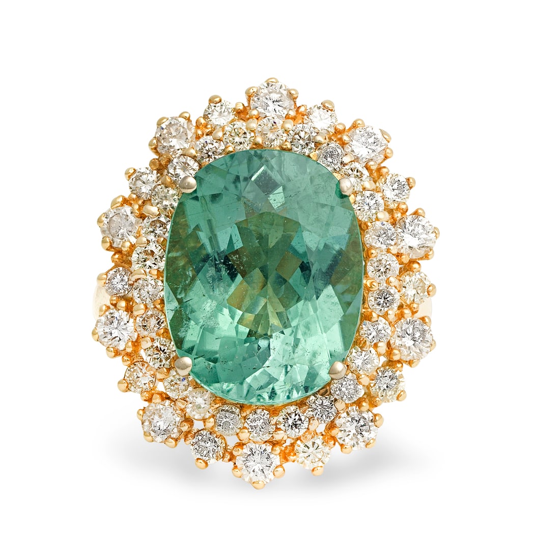 PARAÍBA-TYPE TOURMALINE AND DIAMOND RING: PARAÍBA-TYPE TOURMALINE AND DIAMOND RINGThe oval-cut Paraíba-type tourmaline weighing 7.41 carats within a brilliant-cut diamond surround, diamonds approx. 1.20cts total, ring size approx.