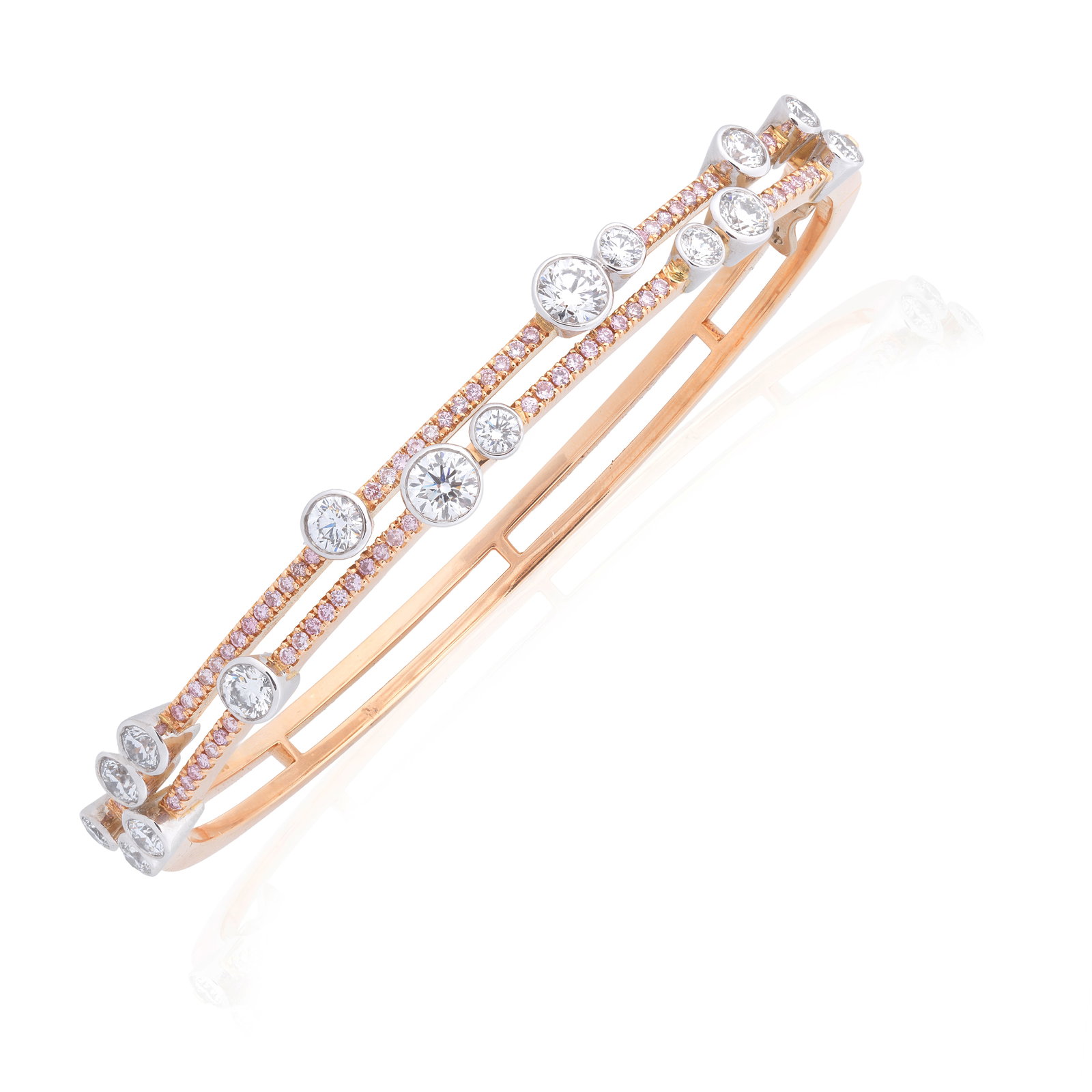 BOODLES: DIAMOND AND COLOURED DIAMOND 'WATERFALL' BANGLE, 2008: BOODLES: DIAMOND AND COLOURED DIAMOND 'WATERFALL' BANGLE, 2008Of hinged design, each row with pavé-set diamonds of pink tint and collet-set brilliant-cut diamonds, mounted in 18 carat rose gold,