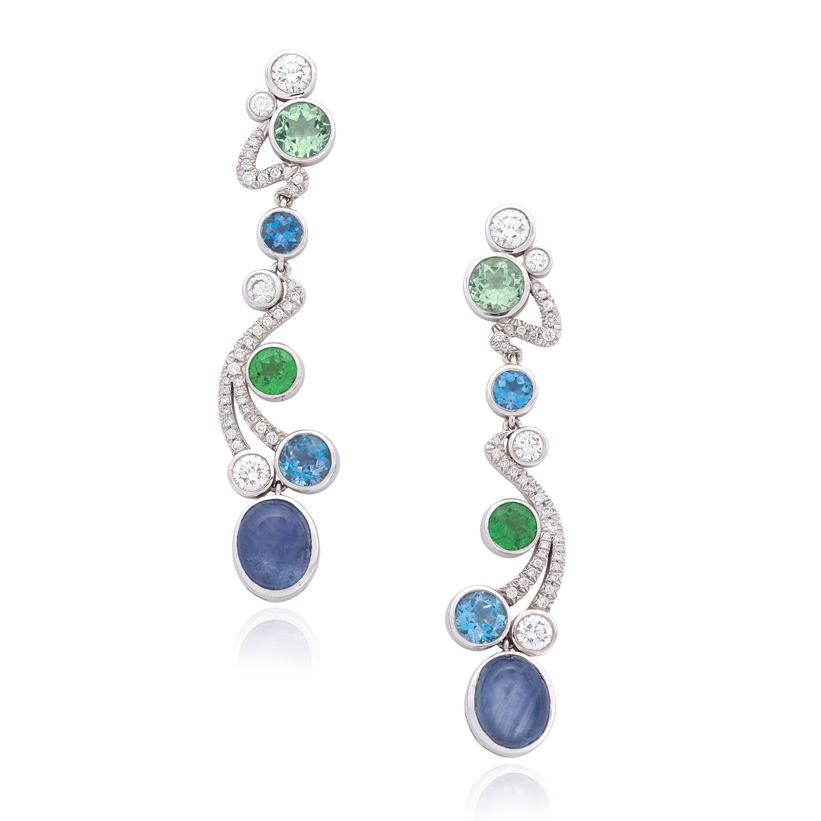 BOODLES: GEM-SET AND DIAMOND 'WONDERLAND' EARRINGS, 2011: BOODLES: GEM-SET AND DIAMOND 'WONDERLAND' EARRINGS, 2011Composed of circular-cut gemstones including tsavorite garnets, aquamarines and beryls, each terminating in a star sapphire cabochon, accented