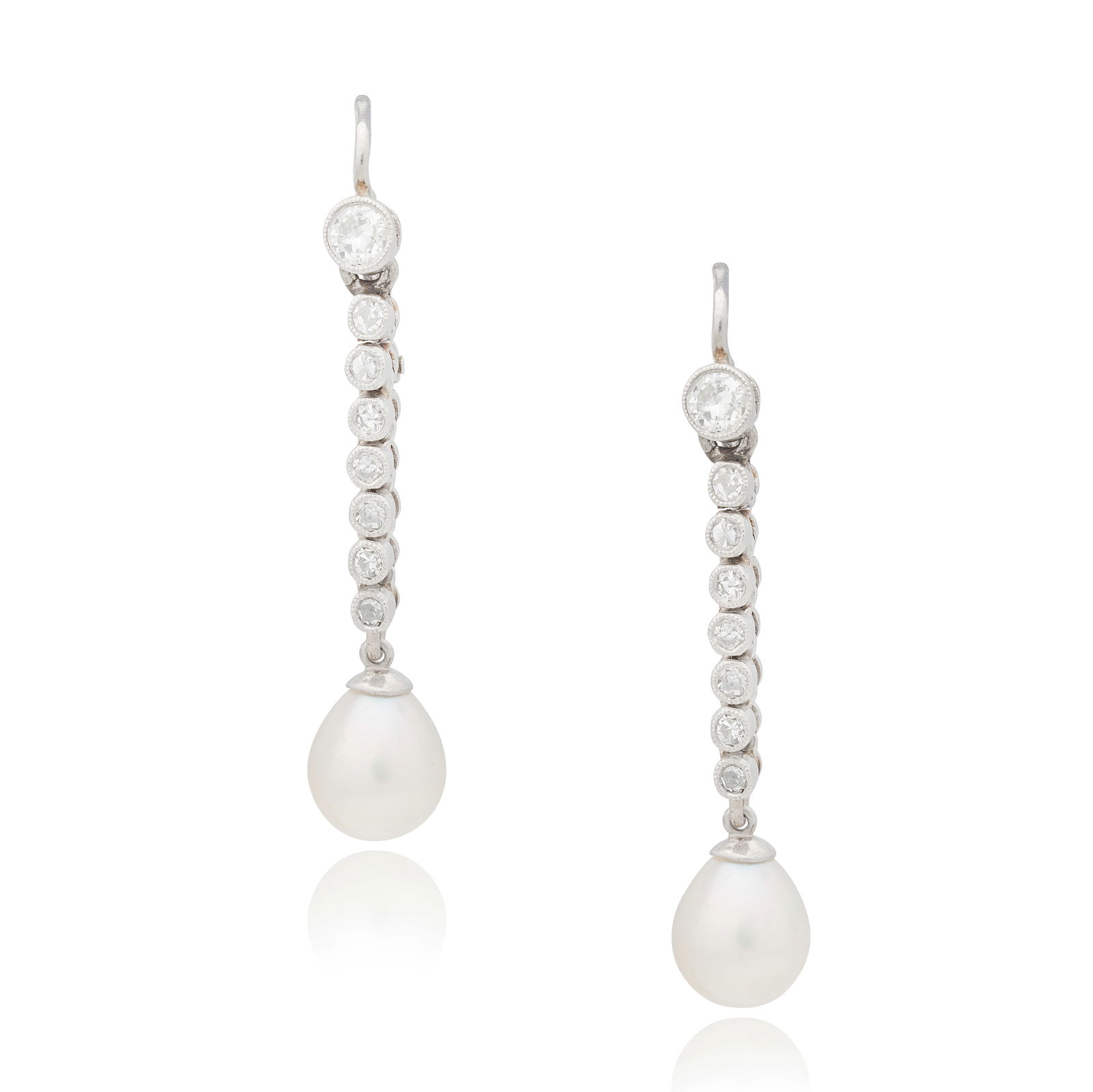 PEARL AND DIAMOND EARRINGS: PEARL AND DIAMOND EARRINGSEach drop-shaped pearl suspended from a line of old brilliant-cut diamonds, diamond approx. 0.40ct total, length 2.8cm, cased by Fortnum & MasonFootnotes:Accompanied by a